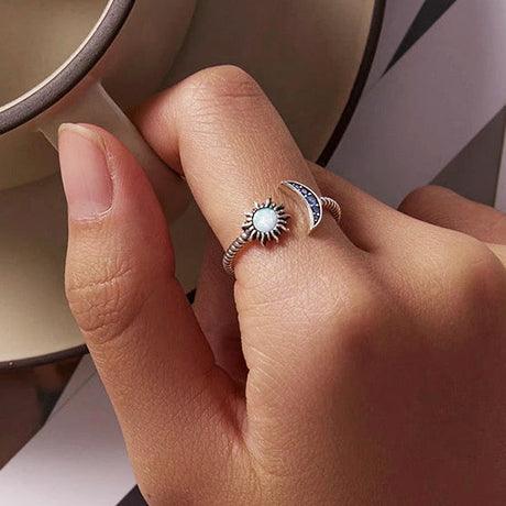 Sterling Silver Classic Sun And Moon Ring Adjustable Moon Ring - Trendolla Jewelry